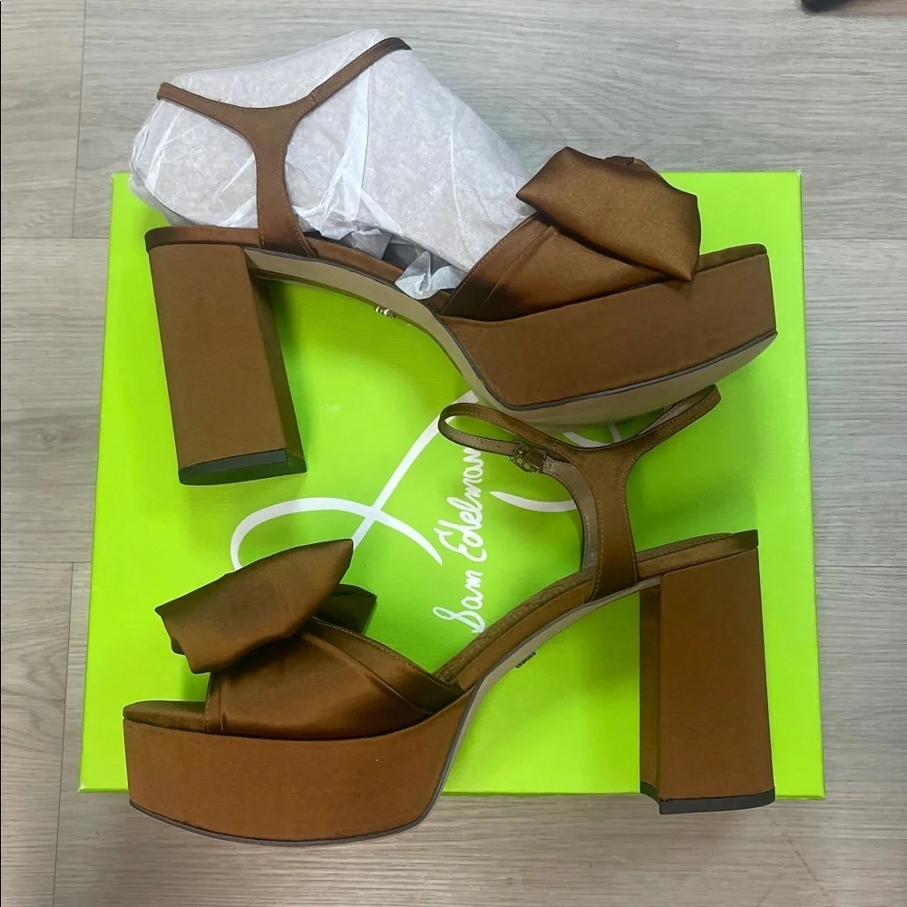 NEW Sam Edelman Julieta Platform Block Heel Sandals in Mocha Camel Satin
